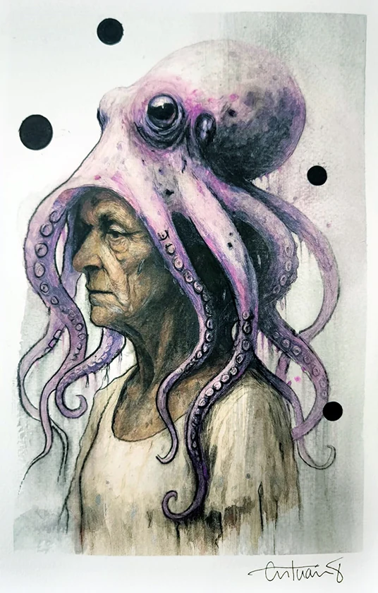 Elderly Woman with Octopus, Kafkaesque and Metamorphs